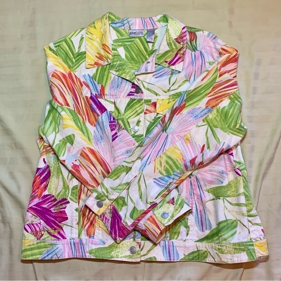 🐠 Chicos Tropical Floral Linen Blend Jacket, Pre-Owned, Size 3 (16) 🌺 - Picture 11 of 12